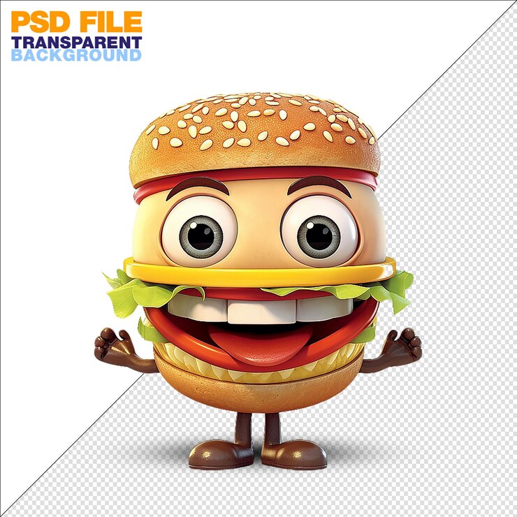 PSD funny hamburger cartoon on transparent background