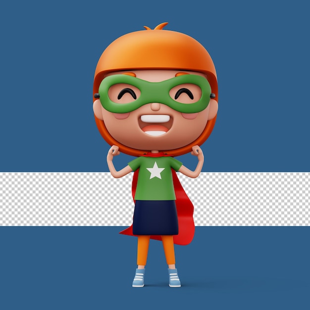 PSD funny little power superhero child in a hero clothes hero kid concept 3d rendering