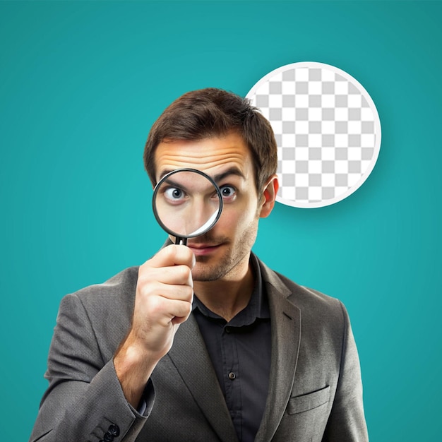 PSD funny man looking through magnifying glass searching or investigating something standing