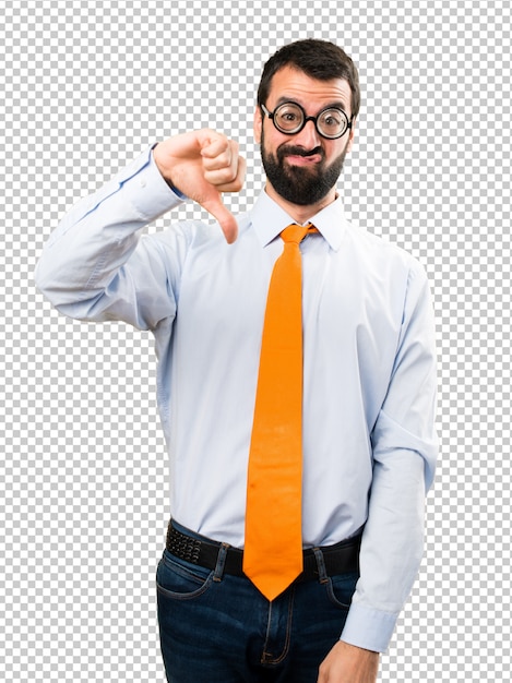 PSD funny man with glasses making bad signal