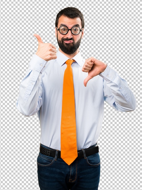 PSD funny man with glasses making good-bad sign