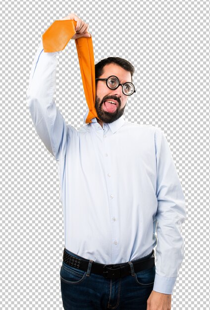 PSD funny man with glasses with necktie around her neck