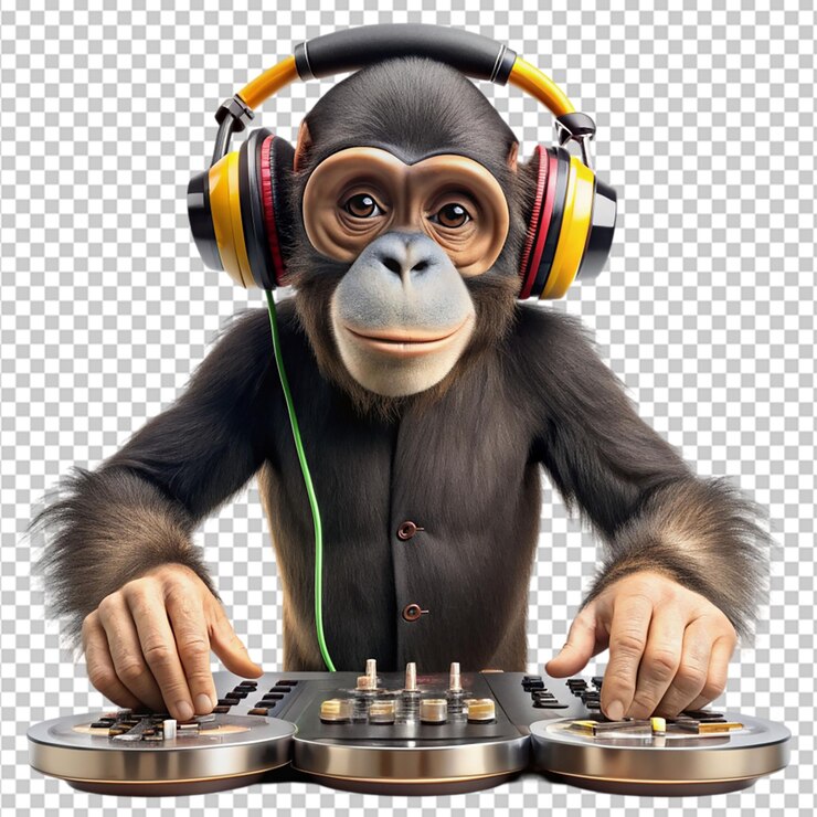 PSD funny monkey standing and making musical mix with dj on transparent background