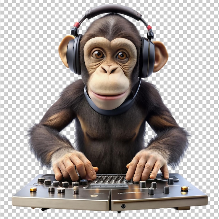 PSD funny monkey standing and making musical mix with dj on transparent background