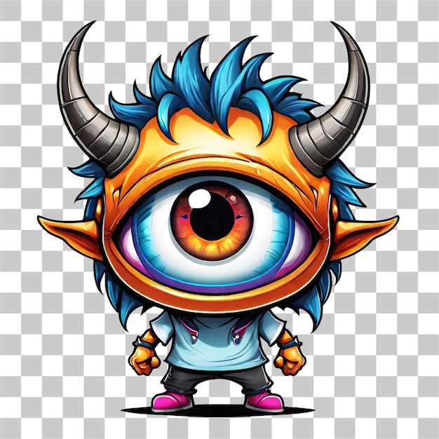 Funny monster with horns and big eyes isolated on transparent background illustration