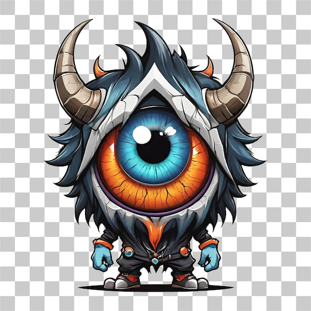 Funny monster with horns and big eyes isolated on transparent background illustration