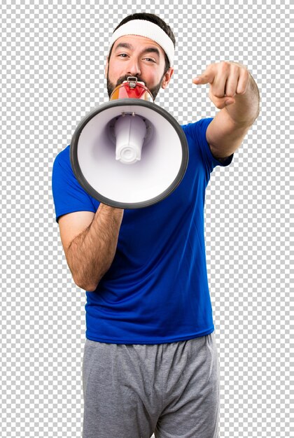 PSD funny sportsman holding a megaphone