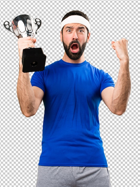 PSD funny sportsman holding a trophy