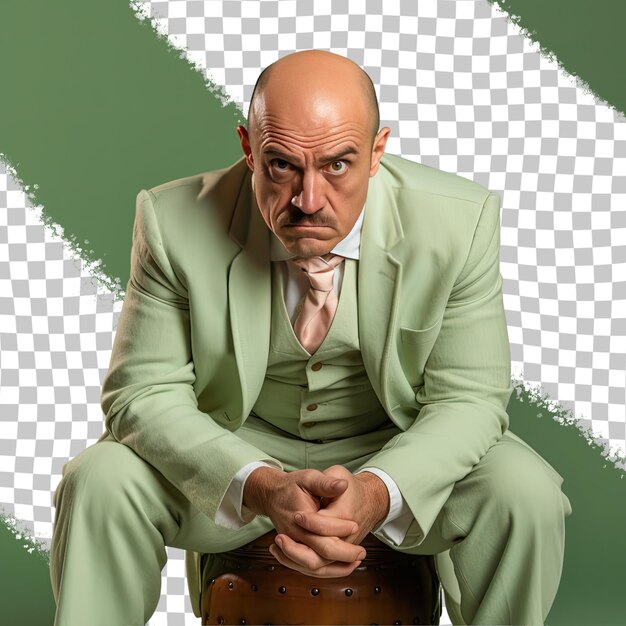 PSD furious bald hispanic cabinetmaker intense pose on pastel green