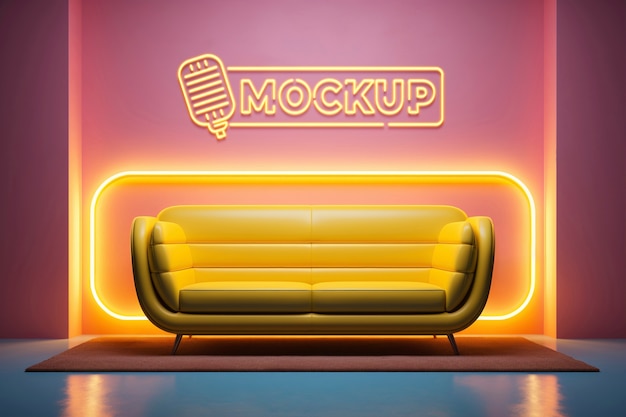 PSD furniture in neon light mockup