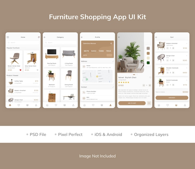 PSD kit dell'interfaccia utente dell'app per lo shopping di mobili