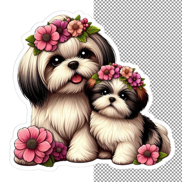 Furry family dog and puppy in flower haven sticker