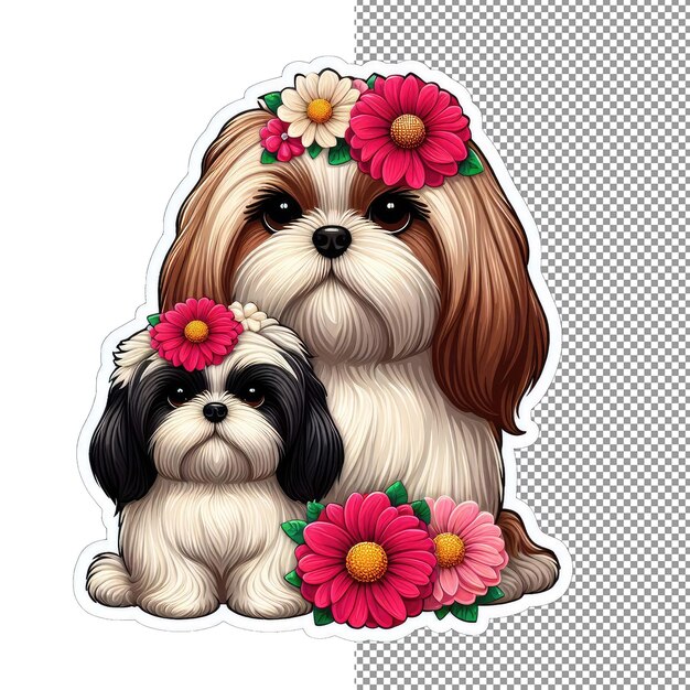 PSD furry family dog and puppy in flower haven sticker