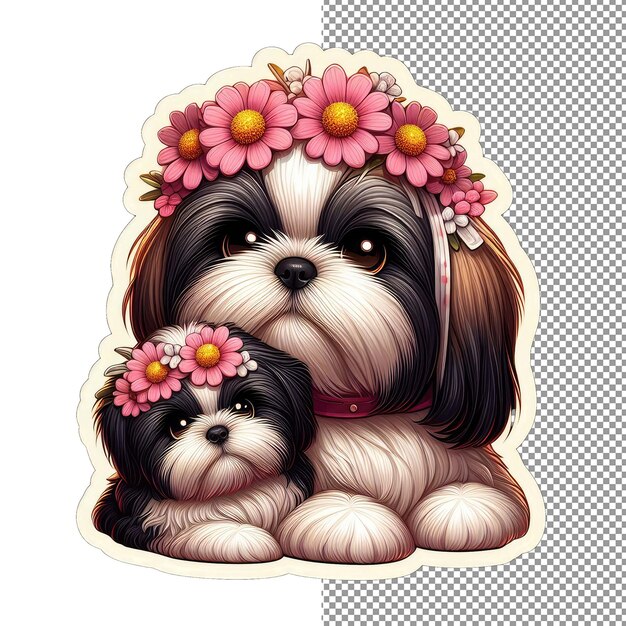 PSD furry family dog and puppy in flower haven sticker