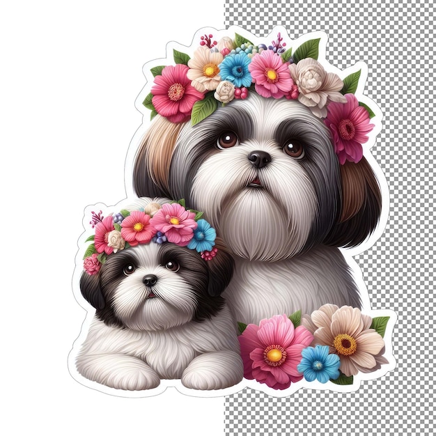 PSD cane di famiglia peloso e cucciolo in adesivo flower haven