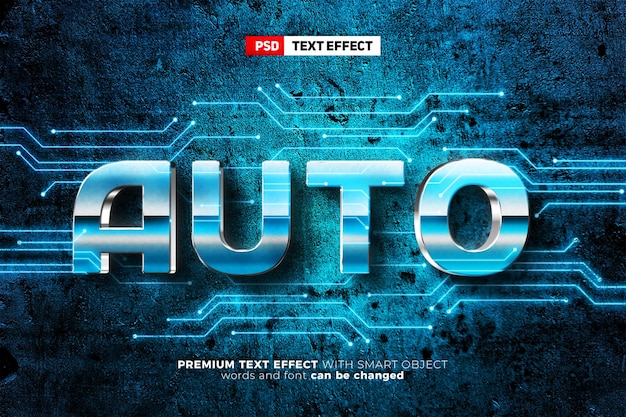 PSD future auto metallic blue glow 3d editable text effect wall logo mockup