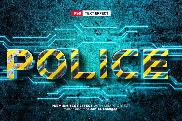 Mockup di logo a parete effetto testo modificabile 3d con bagliore di luce della futura polizia
