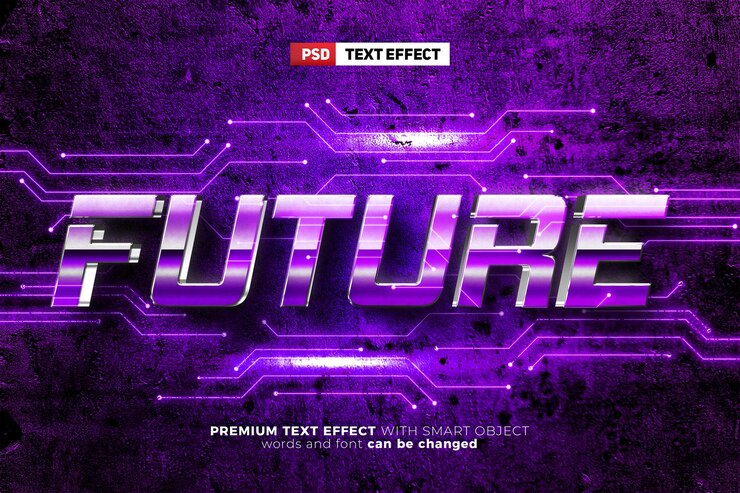 PSD future purple retro metallic blue glow 3d editable text effect wall logo mockup