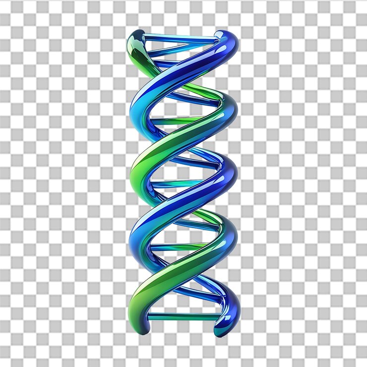 PSD futuristic 3d dna helix structure with blue and green twisting strands representing biotechnology ge