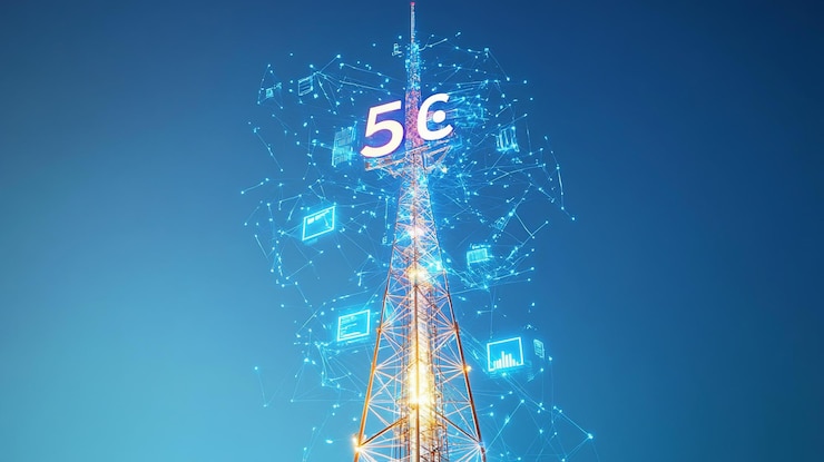 PSD futuristic 5g telecommunication tower with digital network graphics