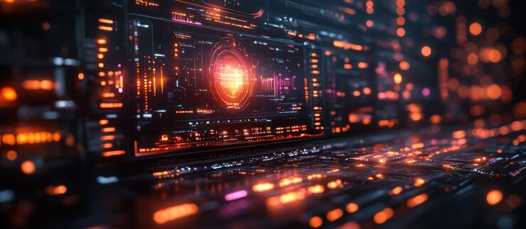 PSD futuristic abstract interface with glowing lights and data streams