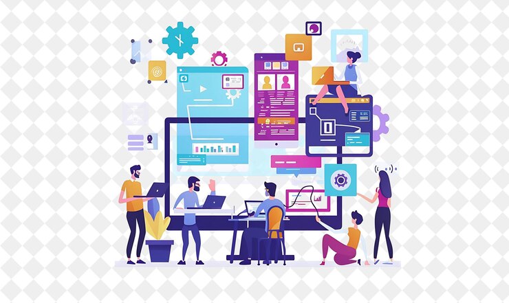 PSD futuristic app developer with characters coding and designin png people in daily work illustration