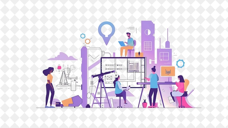 PSD futuristic architect with characters designing buildings and png people in daily work illustration