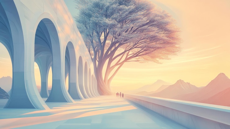 PSD futuristic architecture with a large tree at sunset overlooking a mountain range