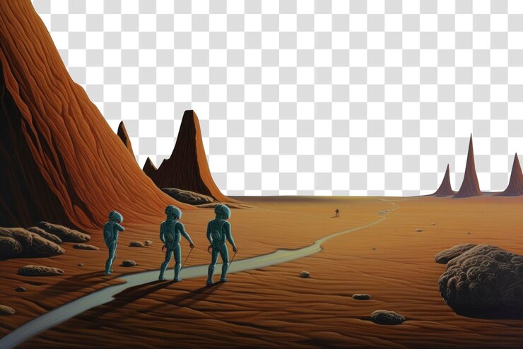 PSD futuristic astronauts exploring alien landscape