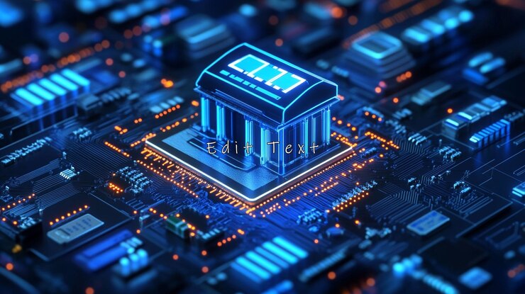 PSD futuristic bank building on a computer chip