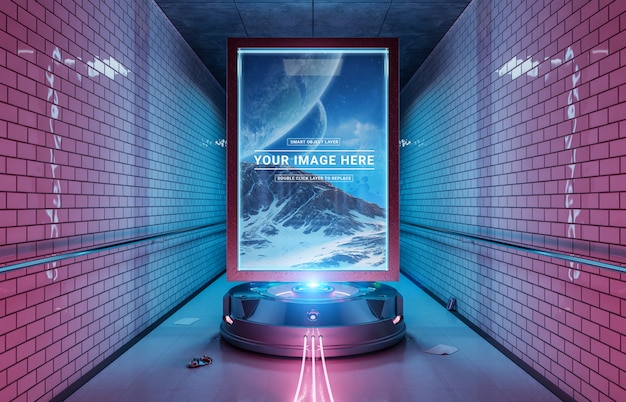 Futuristic billboard in dirty underground tube station mockup