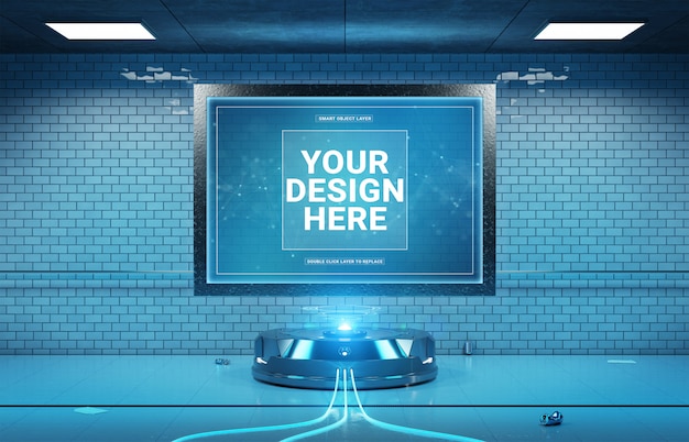 PSD futuristic billboard in underground tunnel mockup