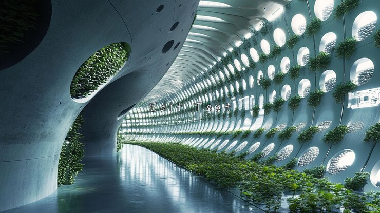 PSD futuristic biophilic corridor with plants and curved walls