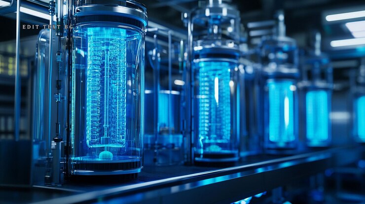 PSD futuristic bioreactor facility with glowing cylindrical containers