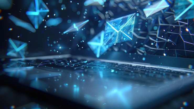PSD futuristic blue email icons flying above a laptop keyboard