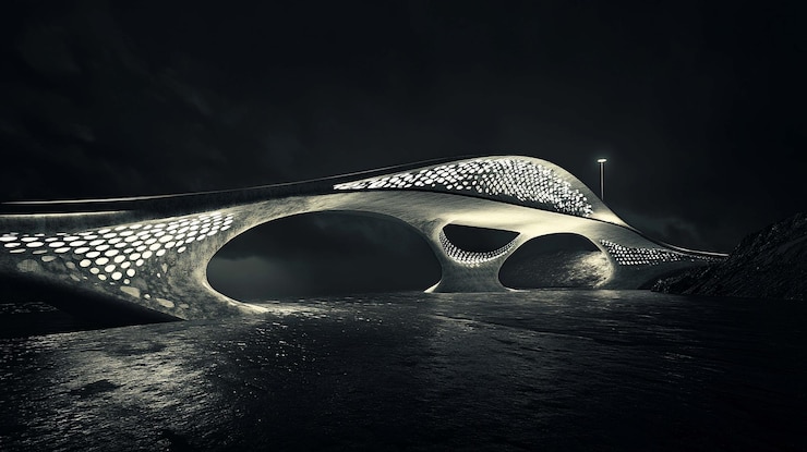 PSD futuristic bridge at night over water
