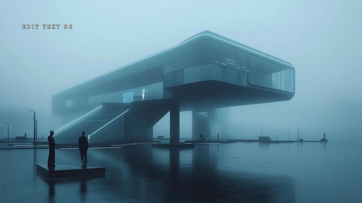 PSD futuristic building shrouded in fog two figures stand on platform