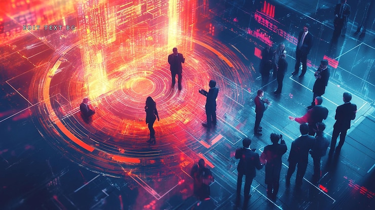 PSD futuristic business meeting with holographic projection