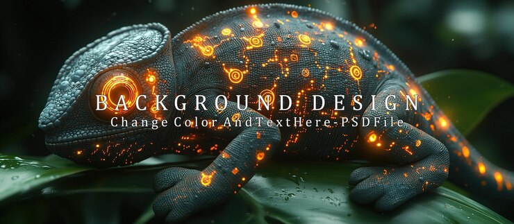 PSD a futuristic chameleon with glowing patterns resting on a leaf i