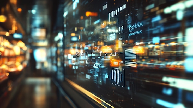 PSD futuristic city display with data streams and digital information