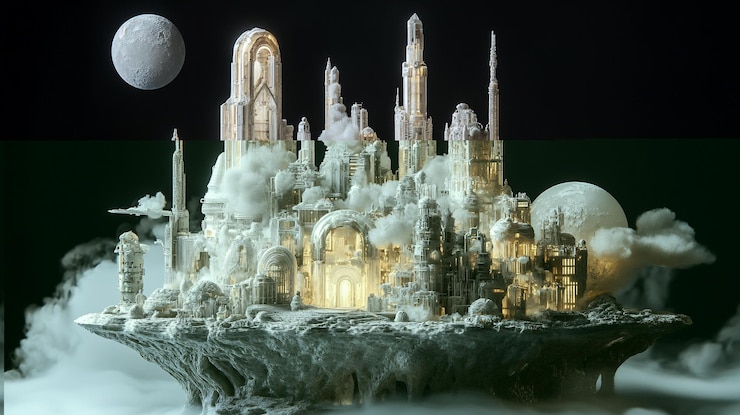 PSD futuristic city on a floating island with glowing architecture nestled in clouds under a large moon