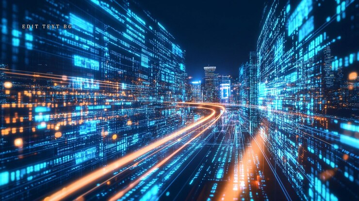 PSD futuristic city highway with digital data streams