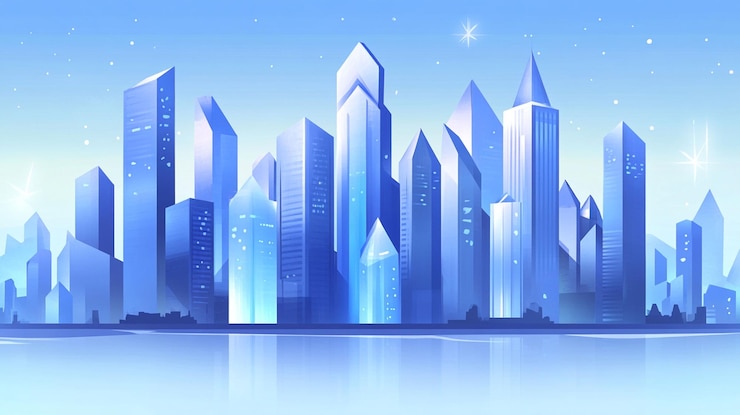 PSD futuristic city skyline at night reflected in water