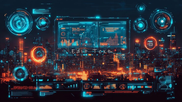 PSD futuristic city skyline with digital interface overlay