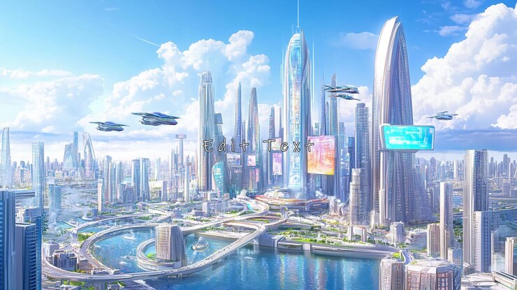 PSD futuristic city skyline with flying vehicles and skyscrapers