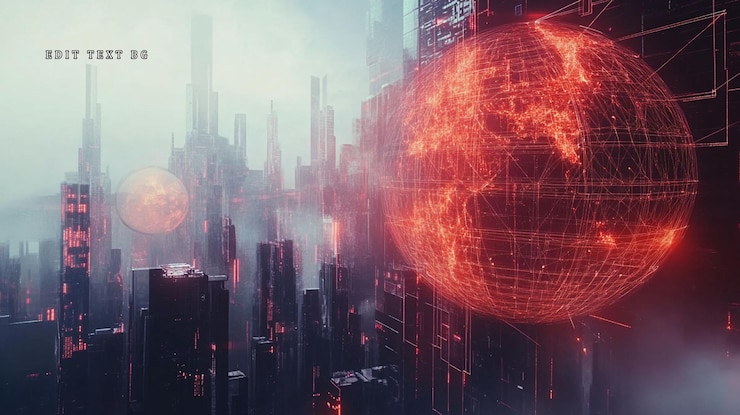 PSD futuristic city skyline with glowing red orbs digital art