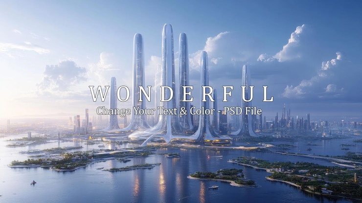 PSD a futuristic city skyline with tall slender buildings and a waterfront the sky is a light blue with white clouds the city is reflected in the water