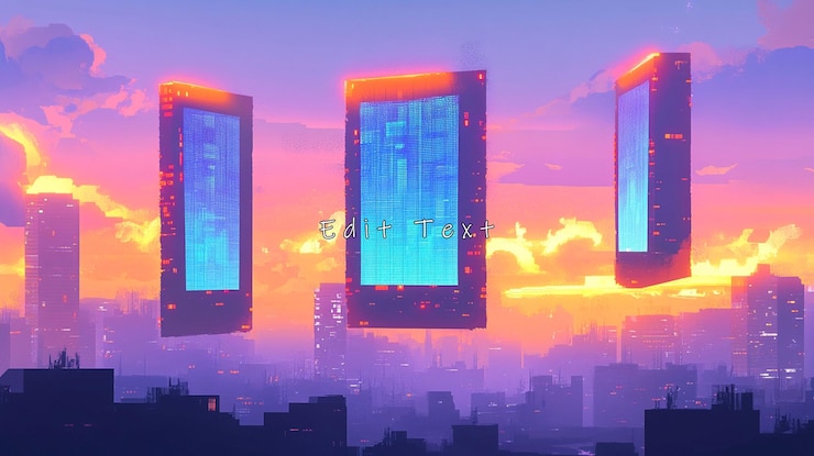 PSD futuristic city skyline with three glowing portals at sunset