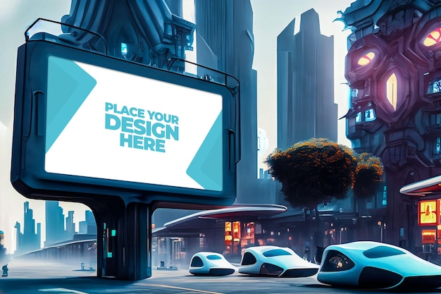 PSD futuristic city with billboard mockup