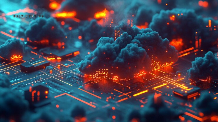 PSD futuristic cityscape obscured by dark clouds glowing with orange and blue neon lights intricate circuit board design